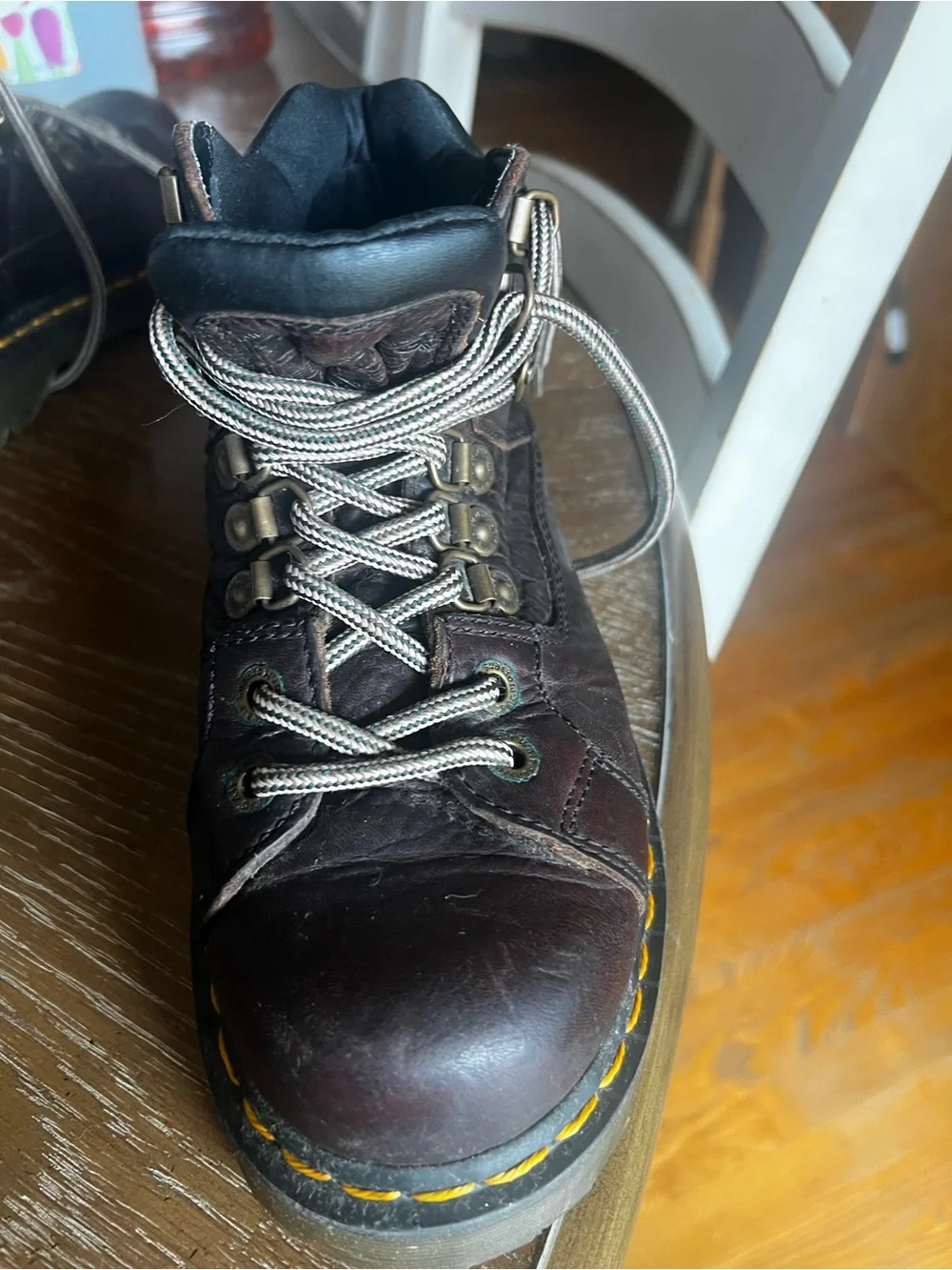 Dr. Martens Dark Brown Leather Lace-Up Boots with Yellow Stitching